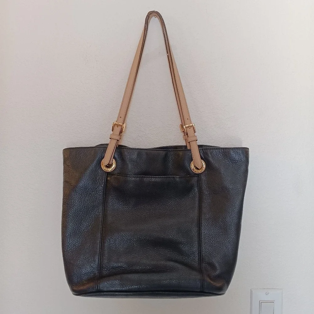 Michael Kors Tote Bag Women Large Black Pebbled Leather Tan Straps Gold Hardware - Picture 9 of 9